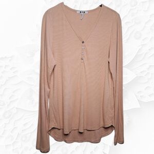 Three Dots Tan/Cream Henley Ribbed Knit V-Neck Top Size Med
